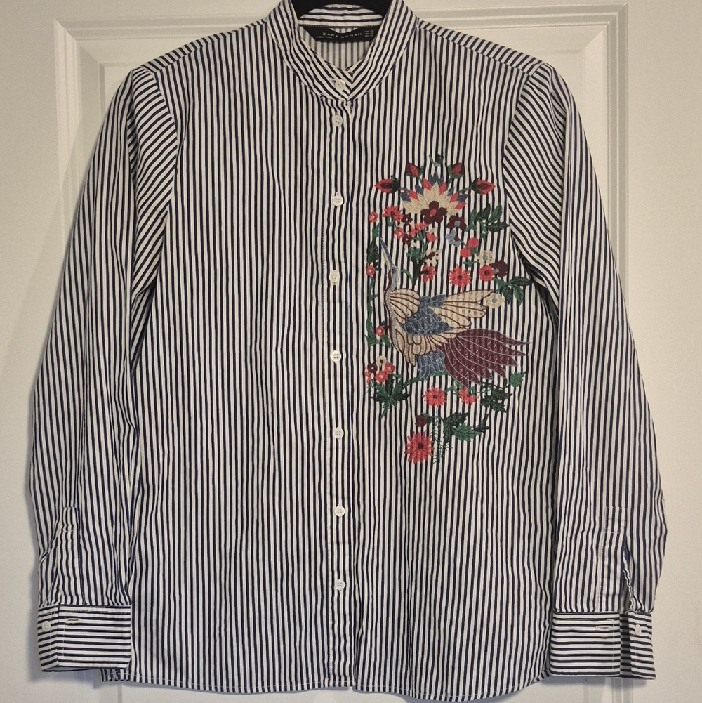 Zara Embroidered Womens Button Down  Shirt XS Navy And White Striped